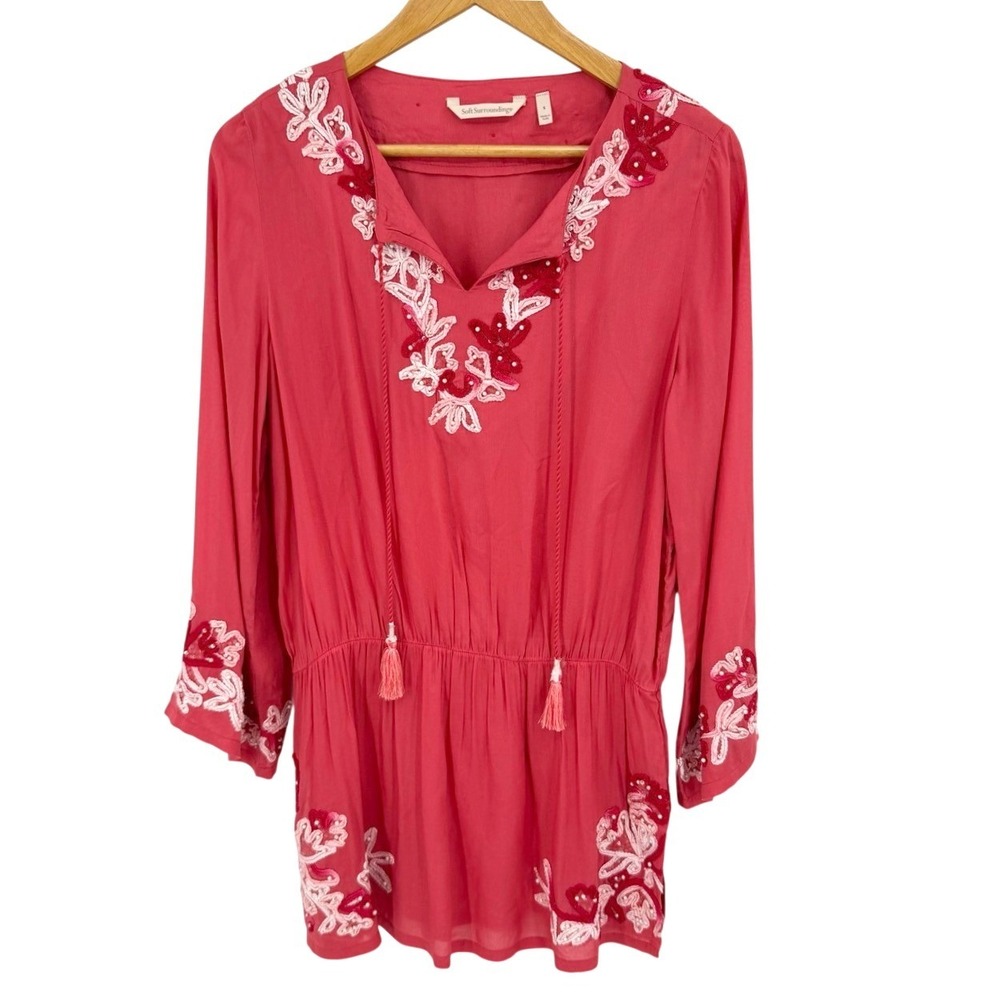 Soft Surroundings Womens Small Tunic Top Embroidered Beaded Tassel Coral Crush - Picture 2 of 9